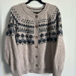 Lucky Brand Beige and Black Geometric Fair Isle Cardigan Size L